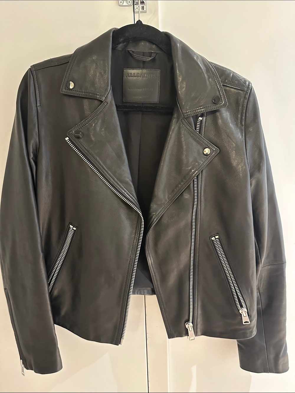 All Saints Black Leather Moto Jacket with Silver Zips